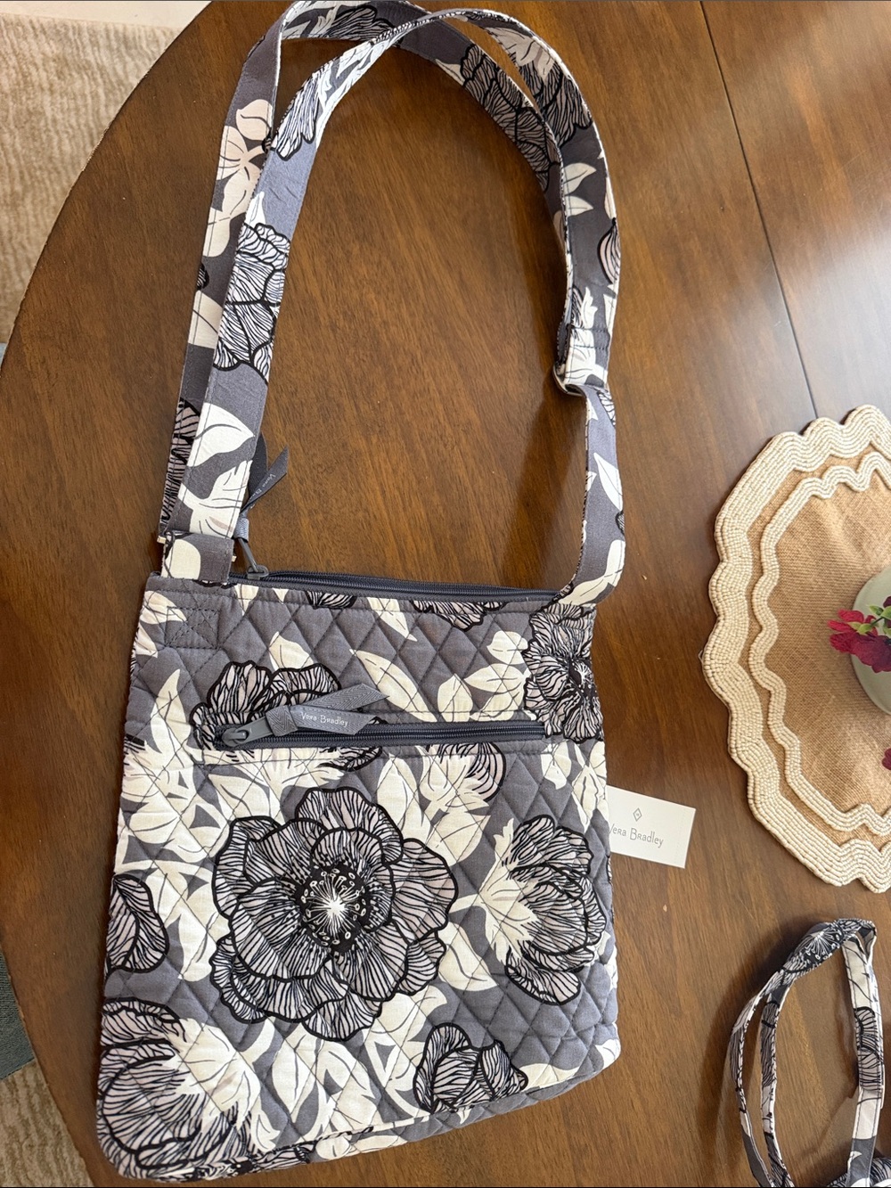 Vera Bradley Gray Black Cream Floral Quilted Crossbody Bag